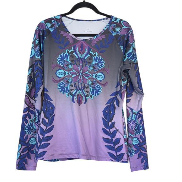 Athleta Runaway Top Floral Moisture Wicking LS Shirt Blue & Purple Leaves sz L - Picture 2 of 8